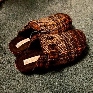 Brown plaid slip ons